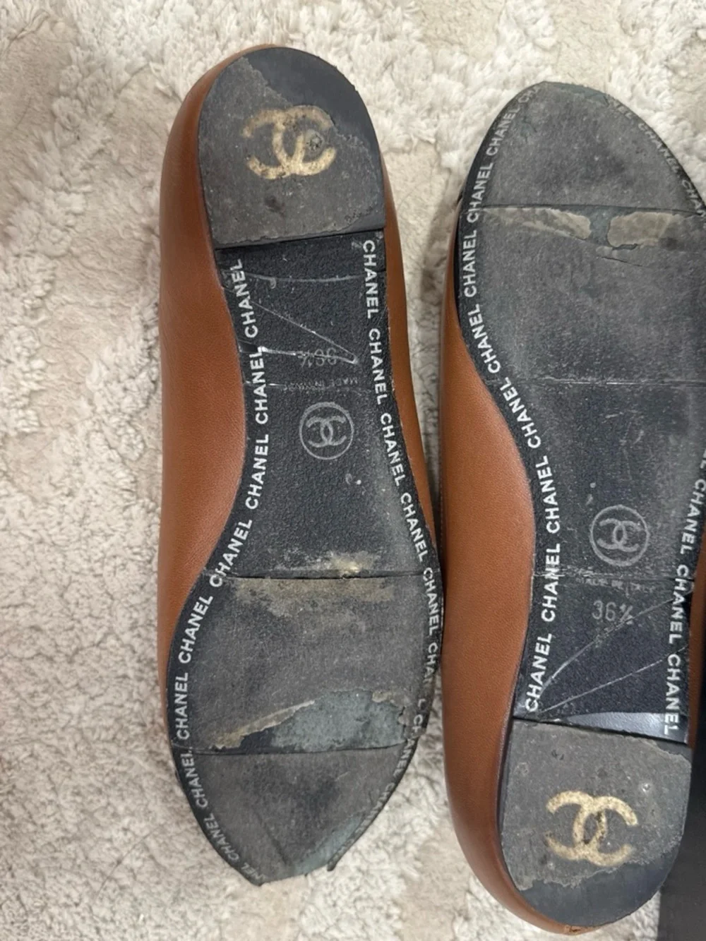CHANEL Brown Leather Ballet Flats with Black Cap Toe